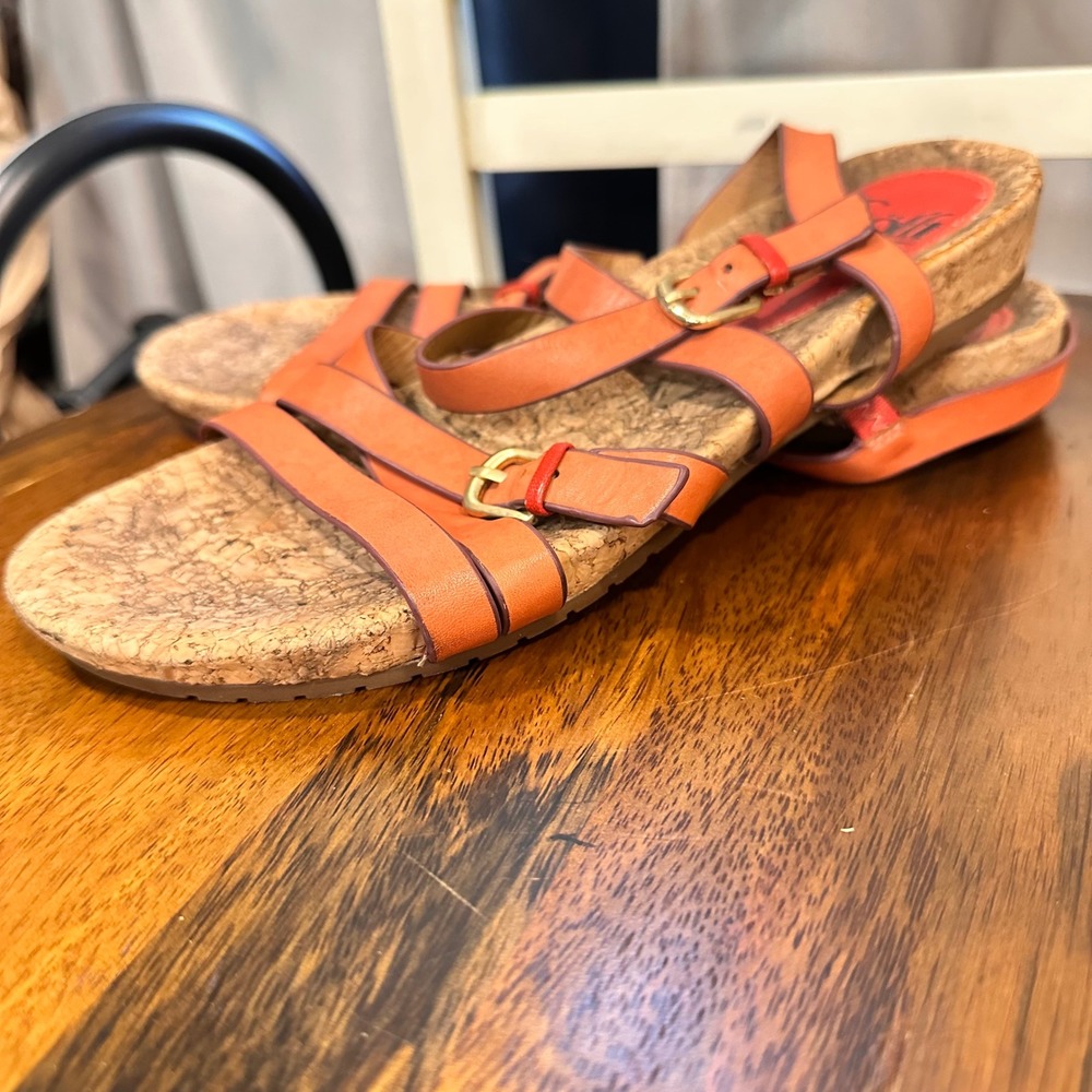 Sofft Strappy Sandals Women Size 9M Orange‎ Leather Cork Wedge Comfort Buckle